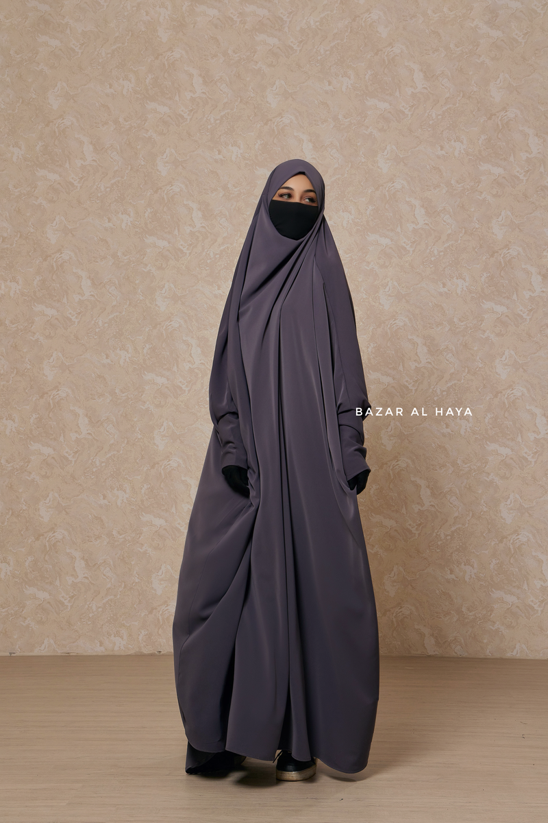 Steel Grey Sarah One Piece Jilbab - Zipper Sleeves - Silk Crepe