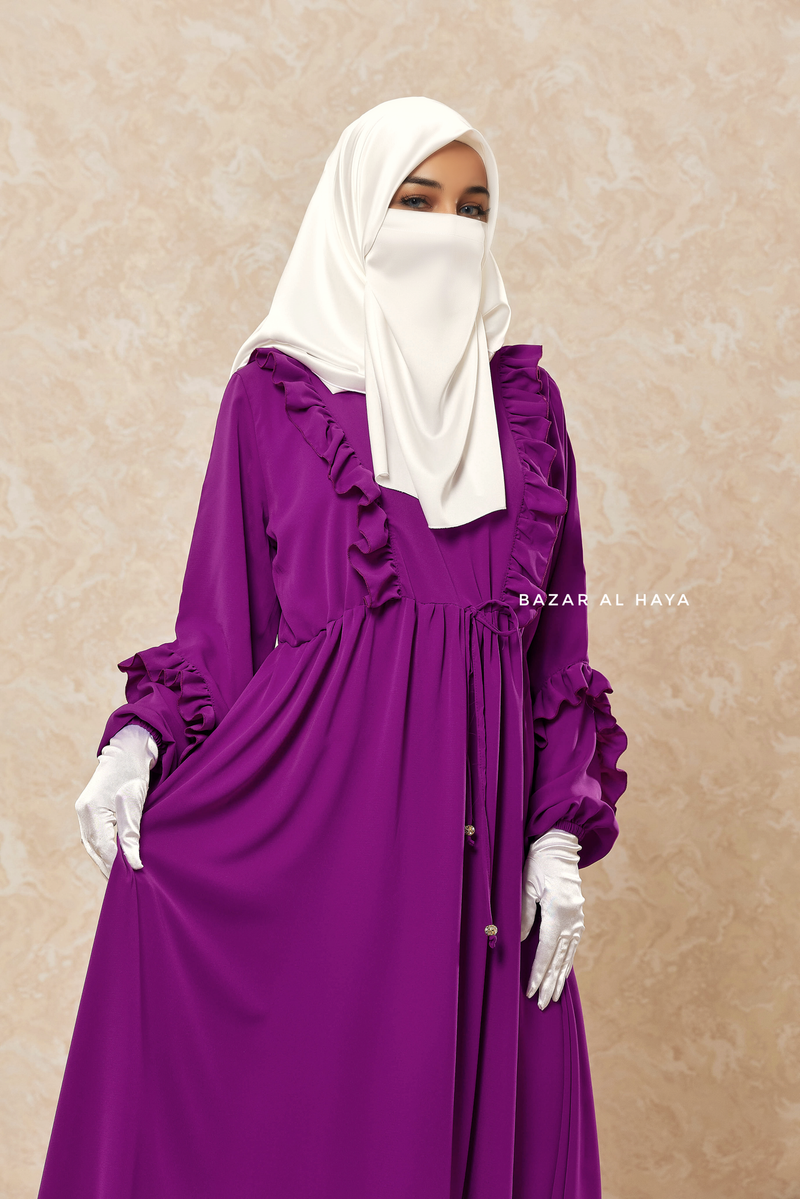 Afsah Bright Purple 3-D Ruffles Lightweight Abaya Dress - Soft Breathable Crepe Cotton