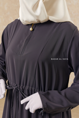 Steel Grey Salam 3 Belted Abaya Dress - Front Zipper & Zipper Sleeves - Nida