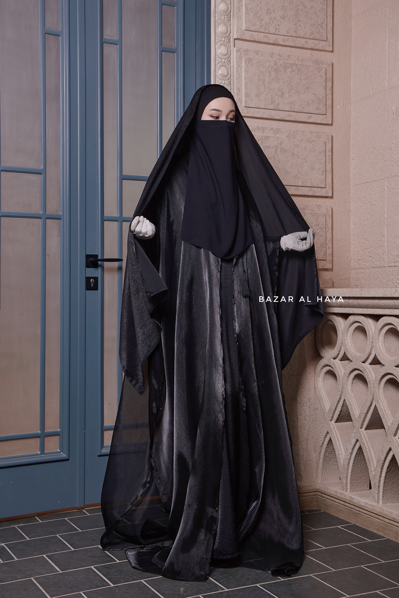 Humaira 3 Piece Abaya Set In Black Organza Luxurious Kaftan With Inner Dress Scarf