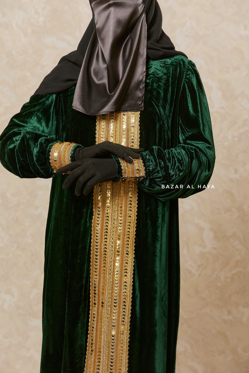 Emerald Green Irfah Luxurious Plush Pombarch Kaftan - Abaya Dress With Belt