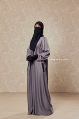 Kalina Steel Grey Hooded Abaya Dress With Pockets - Mediumweight Silk Crepe