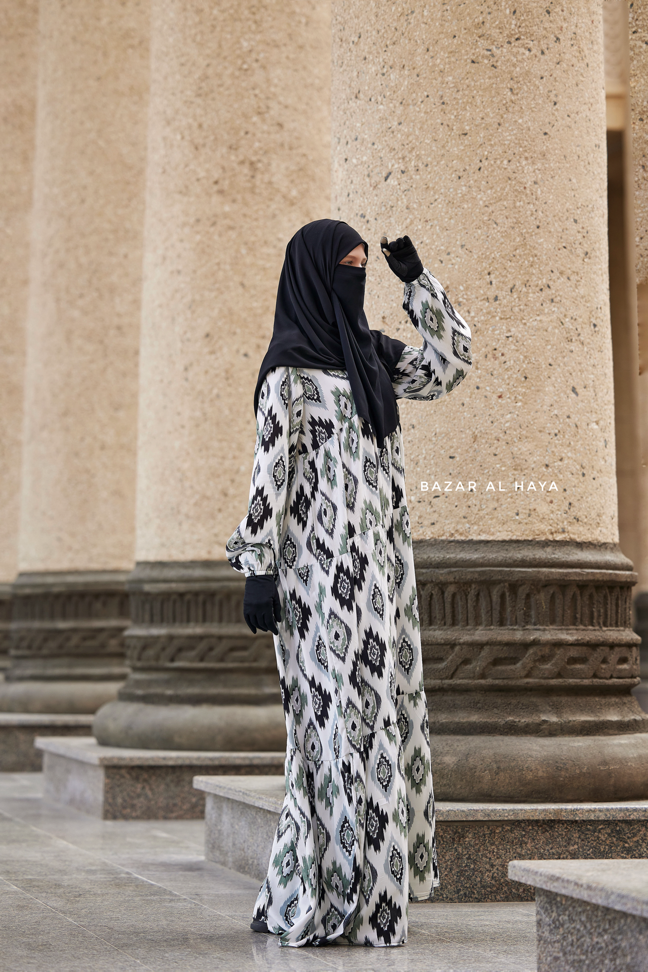 Sadia White/Green Print Dress - 100% Cotton Summer Tiered Abaya, Front ...