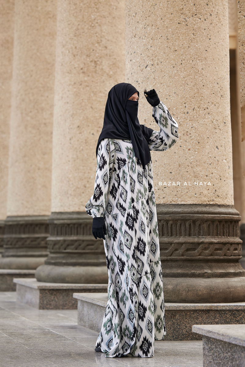 Sadia White/Green Print Dress - 100% Cotton Summer Tiered Abaya, Front Zipper