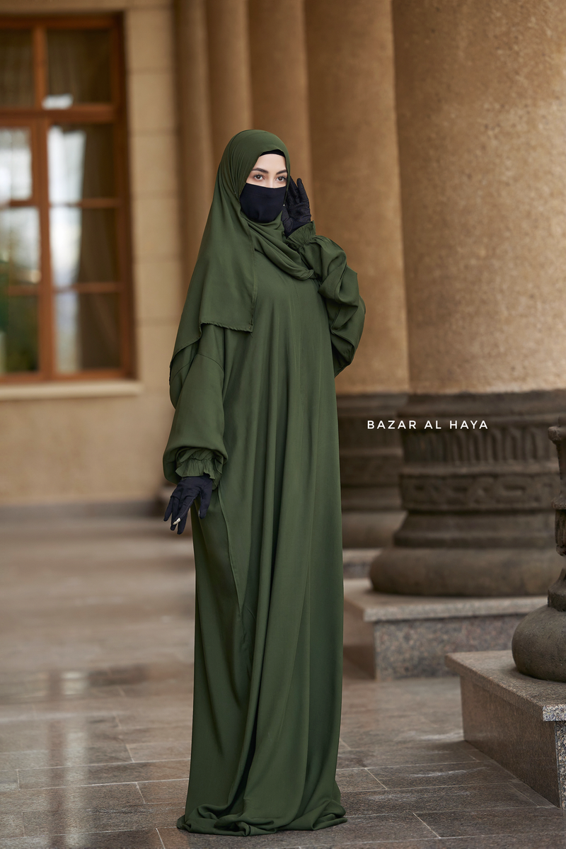 Olive Prayer / Salah Dress One Piece Jilbab 100% Cotton - Super Breathable Comfy Style