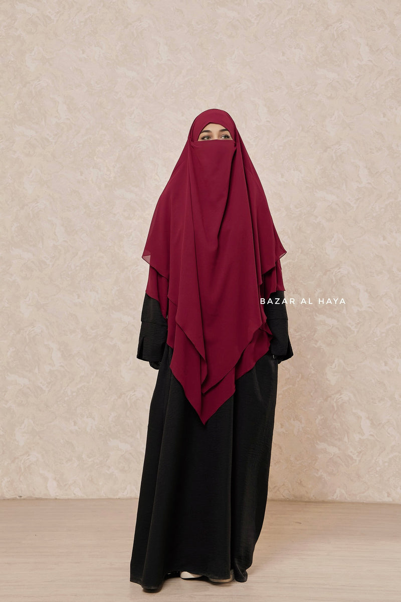 Maroon Pari Two Layered Diamond Khimar - Crepe Chiffon