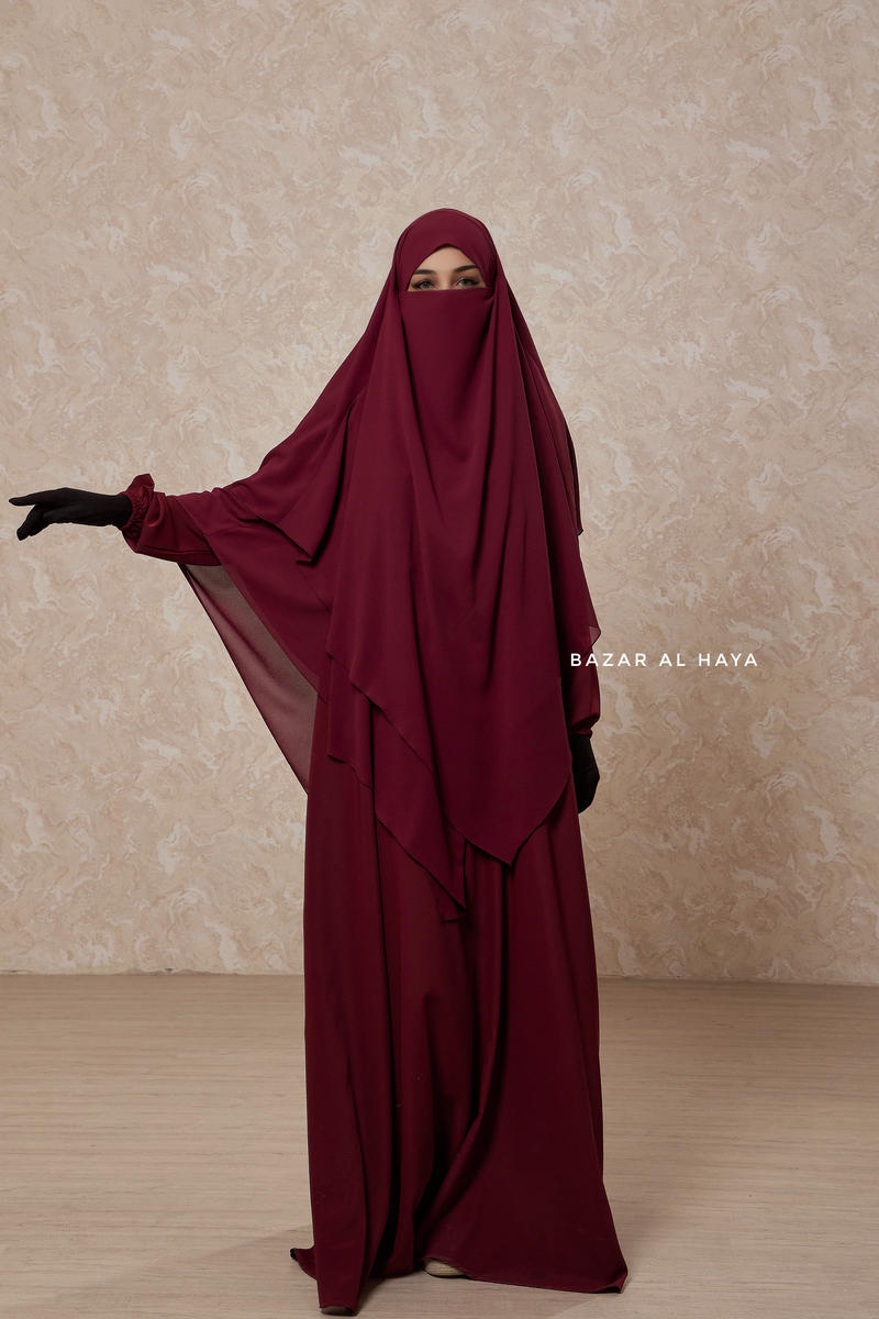 Maroon Pari Layered Khimar & Salam 2 Abaya Two Piece Set