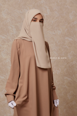 Rania Sepia Tan Abaya Dress Half-Placket Button Front & Sleeve - Mediumweight Soft Crepe Cotton