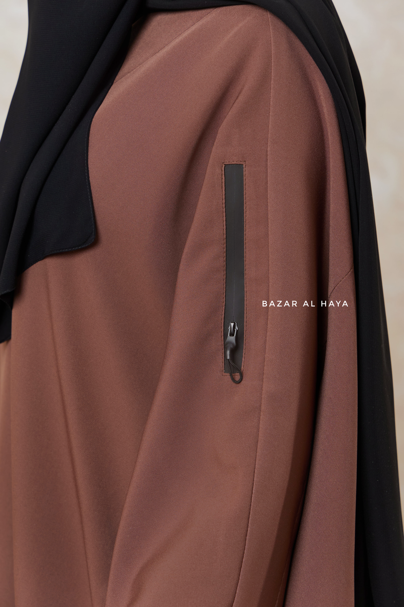 Brown Falak Classic Loose Fit Abaya Coat With Scarf - Pockets & Zippers