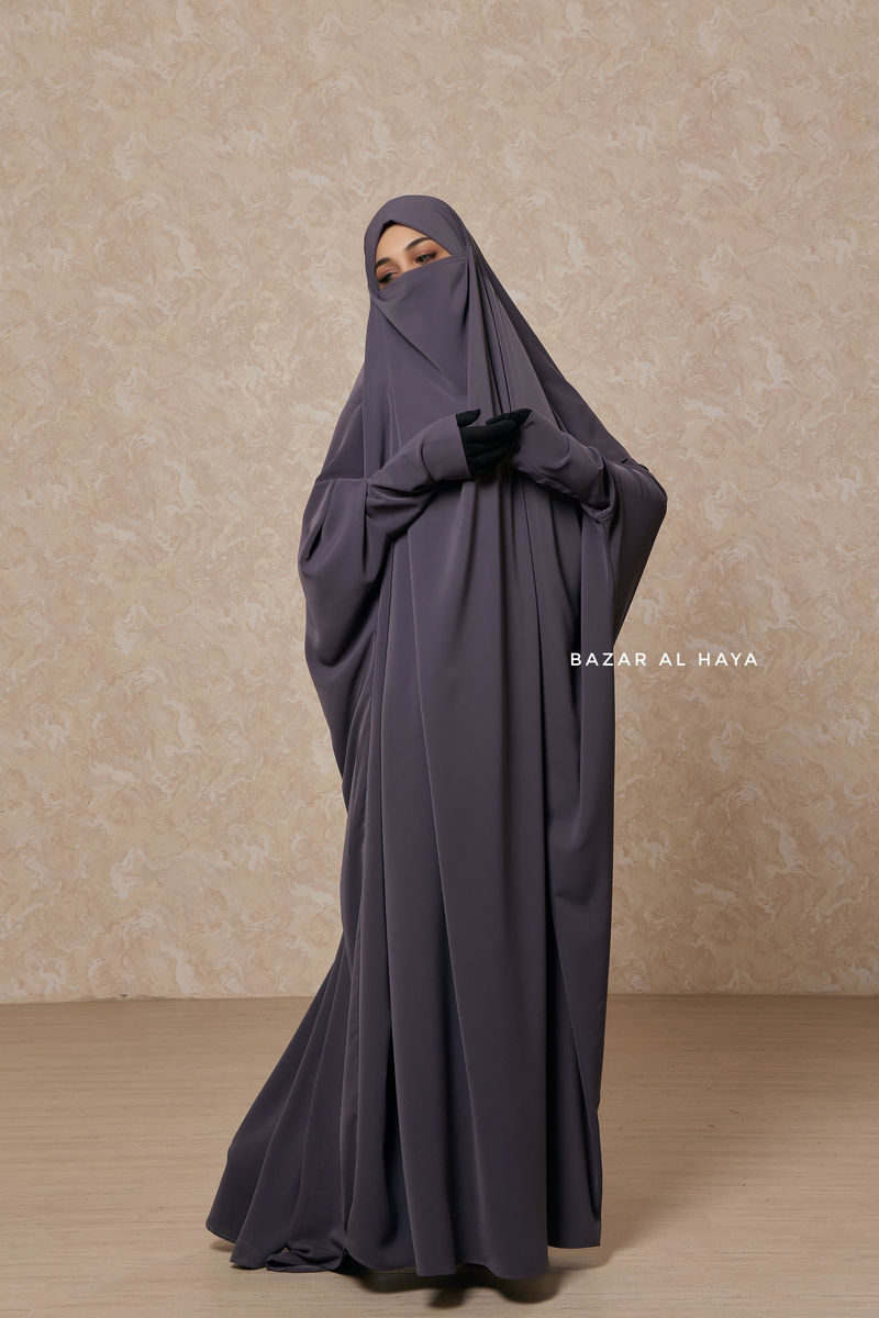 Steel Grey Sarah One Piece Jilbab - Zipper Sleeves - Silk Crepe