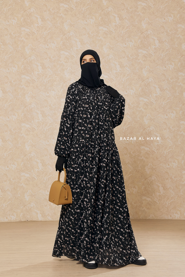 Black Amira Chiffon With Tie Neck Strings Abaya Dress - Puff Sleeves