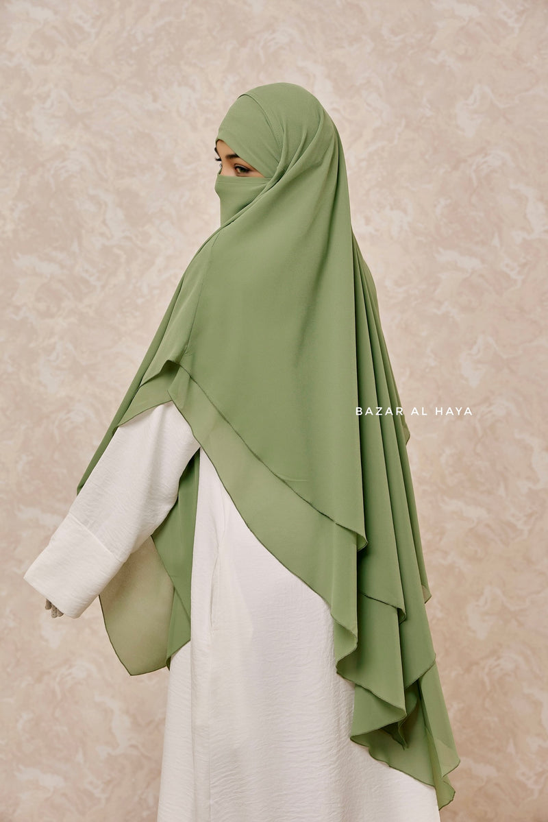 Olive Pari Two Layered Maxi Diamond Khimar - Crepe Chiffon