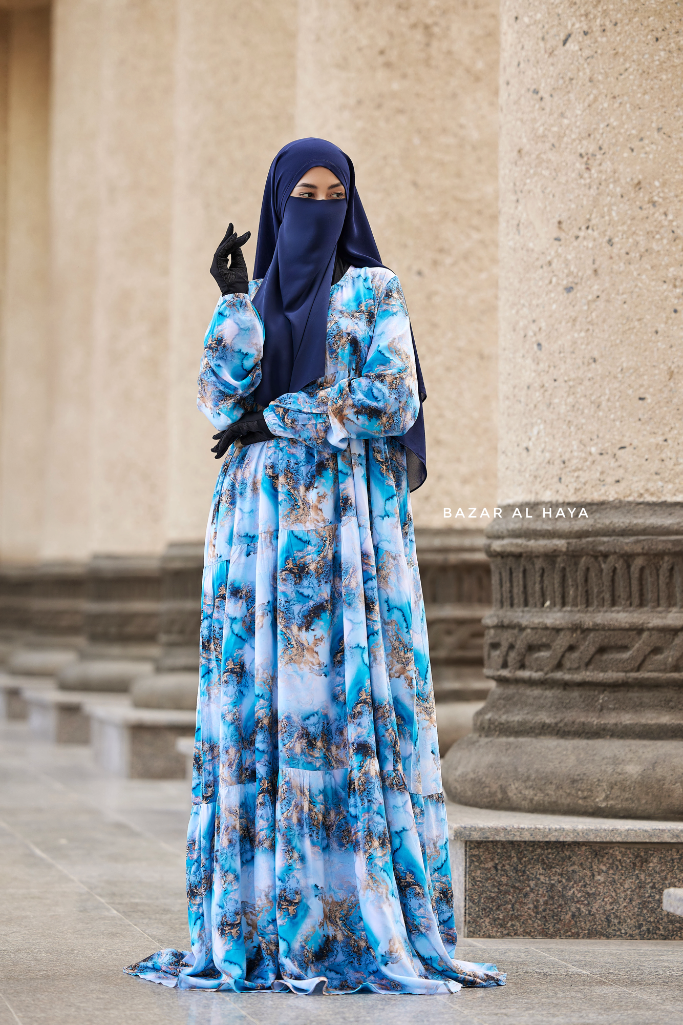 Sadia Ocean/Gold Print Dress - 100% Cotton Summer Tiered Abaya, Front ...