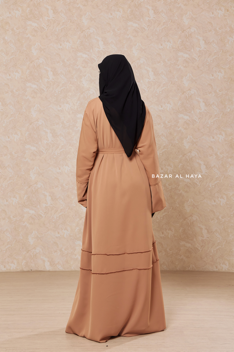 Latte Fathiya Open Front Abaya In Nida - Relaxed Fit