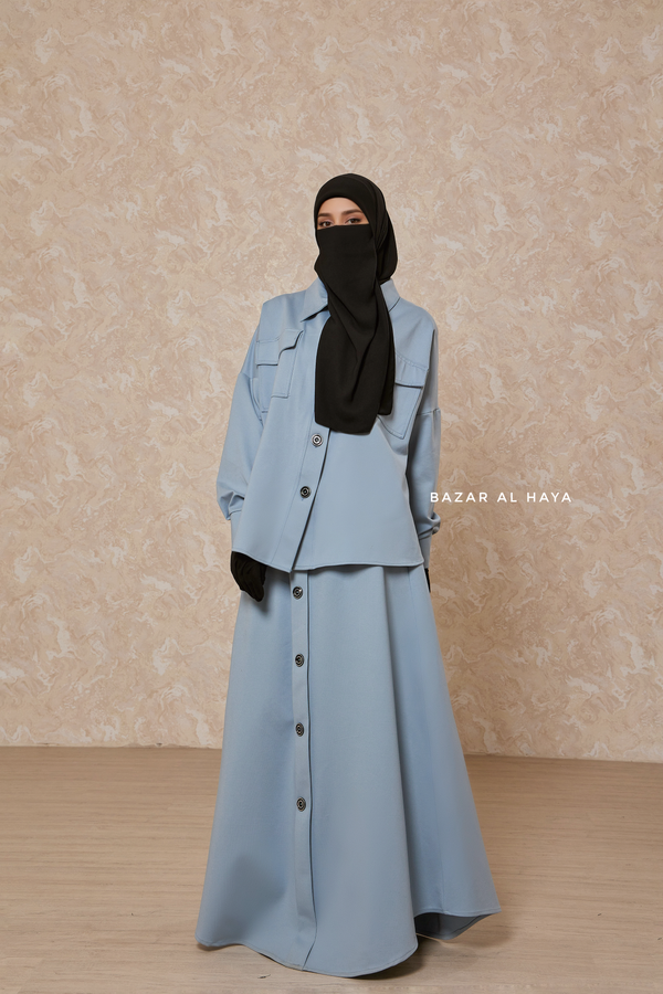 Sky Blue Durrah Two Piece Buttoned Decor Top & Skirt Set In Cotton
