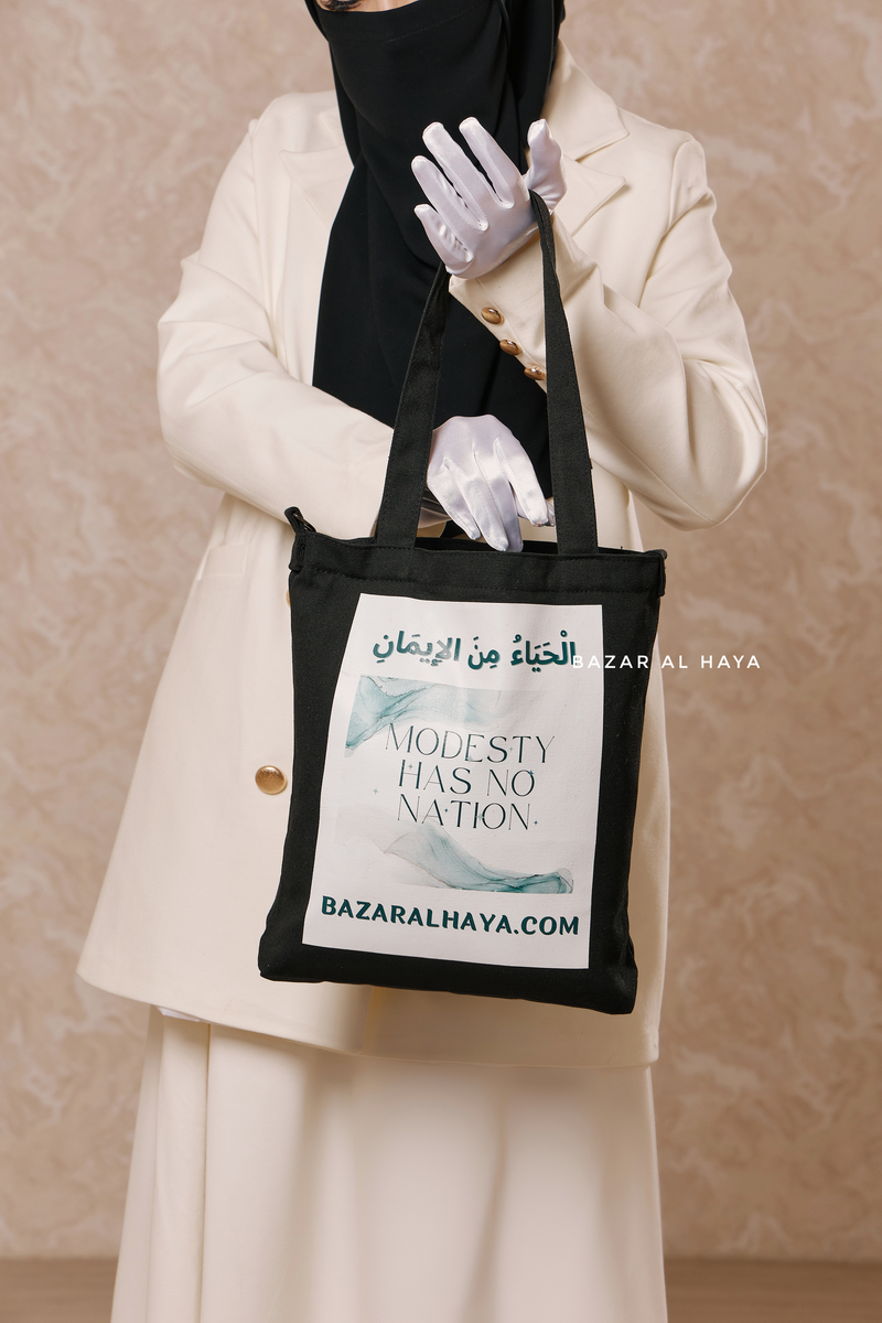 “Modesty Has No Nation” Black Cotton Tote Bag