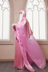 Humaira 3 Piece Abaya Set In Pink Organza Luxurious Kaftan With Inner Dress Scarf