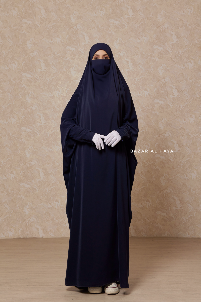 Dark Blue Sarah One Piece Jilbab - Zipper Sleeves - Silk Crepe