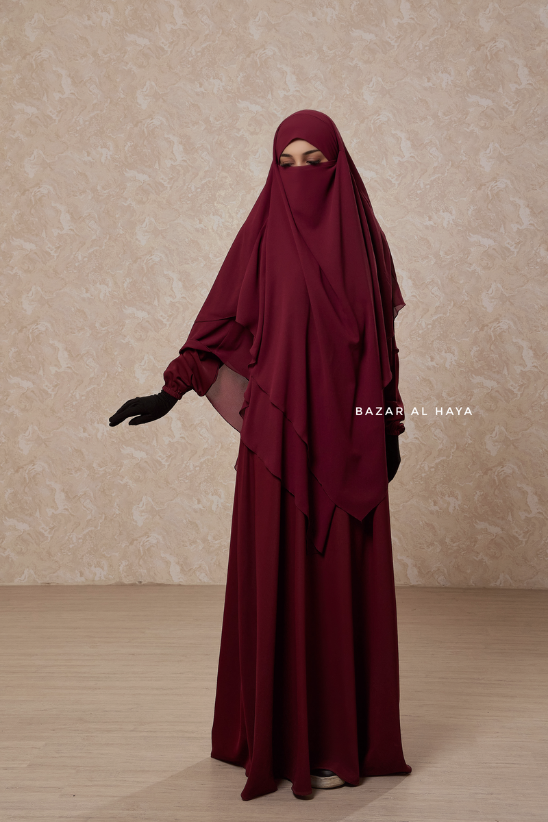 Maroon Pari Layered Khimar & Salam 2 Abaya Two Piece Set