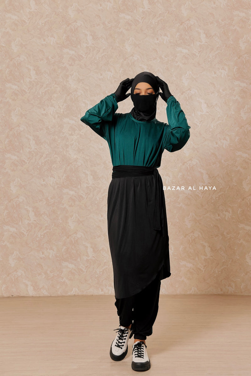 Black Emerald Modest Swimwear 4 Piece Set With Swimdress, Khimar, & Pants - Comfort Swimsuit