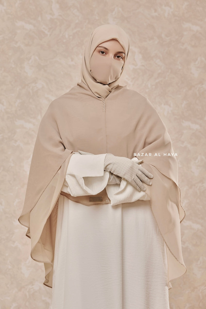 Two Layered Creme Beige Snap Scarf, Khimar, Cape - Super Soft - 3 in 1