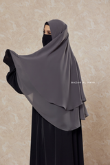 Grey Two Layered Three -In- One Snap Scarf, Khimar, Cape - Medium