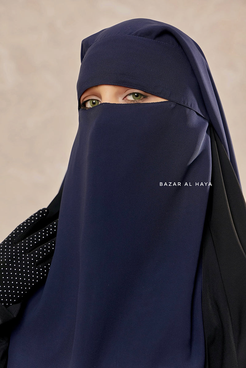 Dark Blue Flap Two Layer Niqab - Long & Wide - Super Breathable Veil - Large