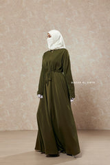 Salam 3 Olive Belted Abaya Dress - Front Zipper & Zipper Sleeves - Nida