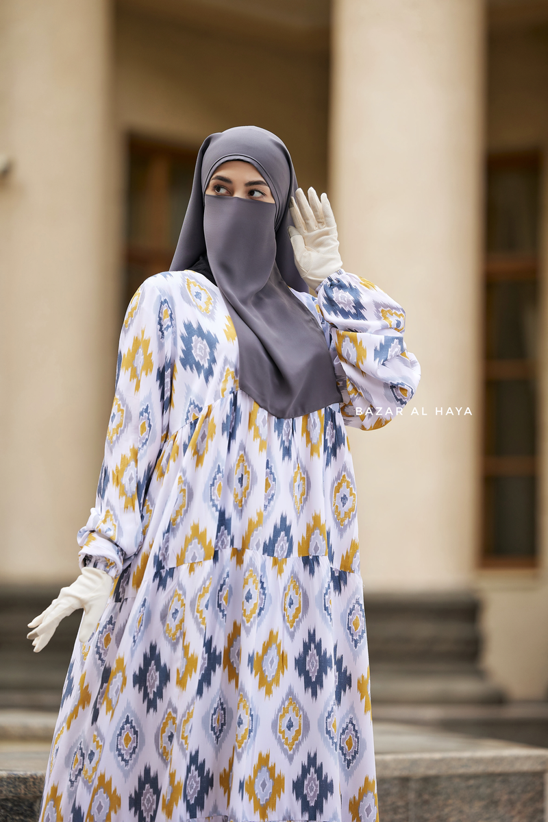 Sadia White/Yellow Print Dress - 100% Cotton Summer Tiered Abaya - Front Zipper