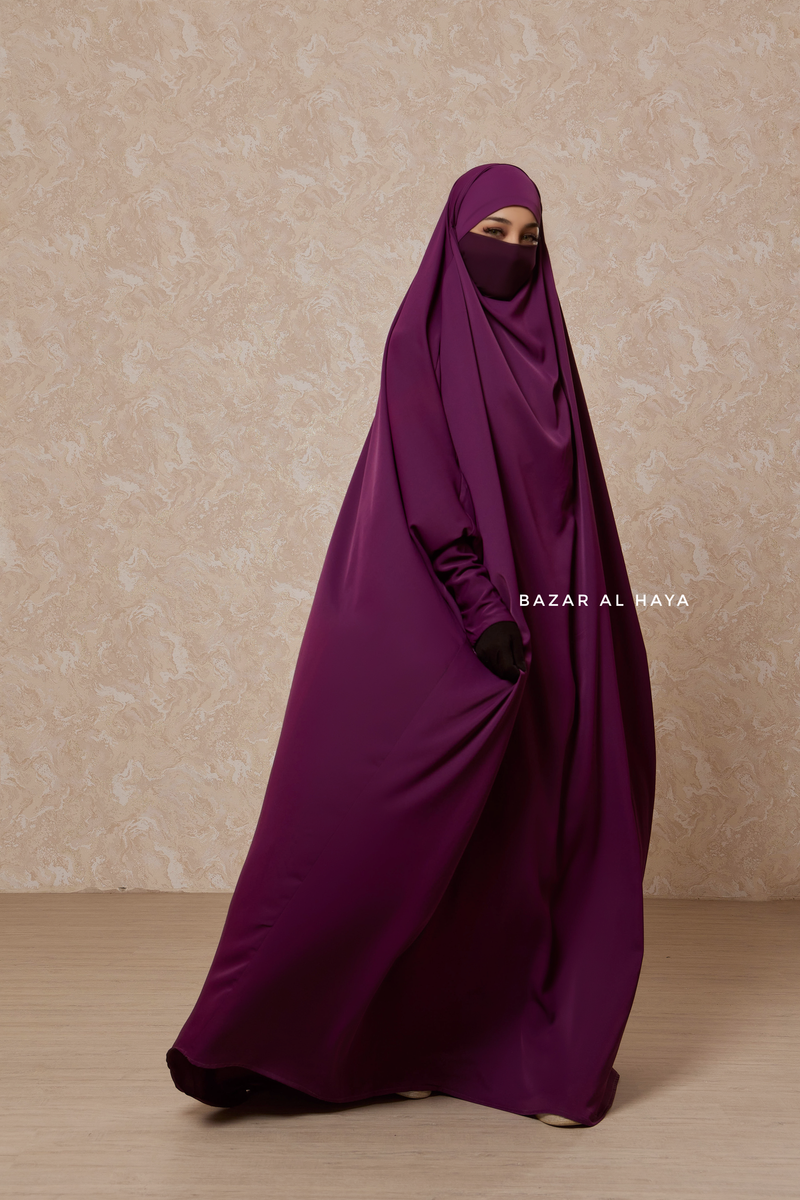 Purple Sarah One Piece Jilbab - Zipper Sleeves - Silk Crepe