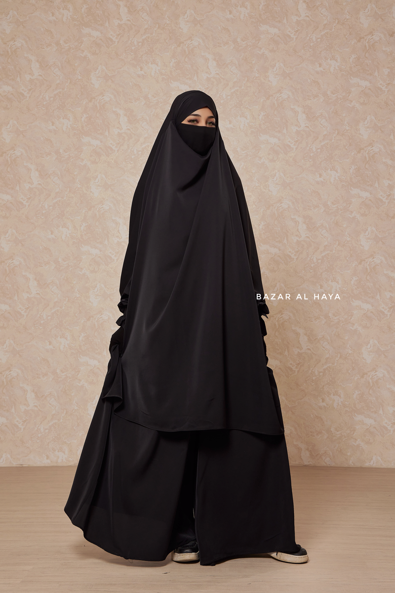 Black Jahida Two Piece Jilbab With Loose Pants Set - Skirt-Style Shalwar