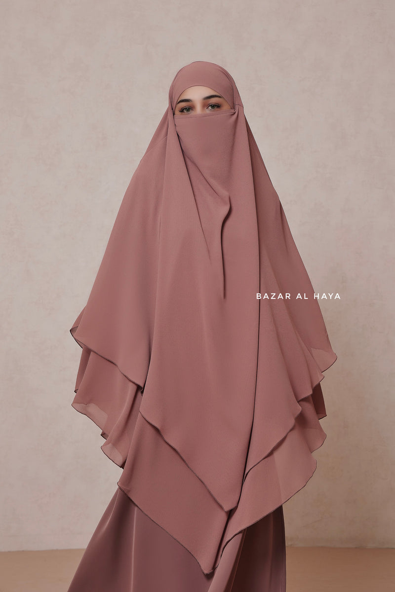 Taupe Rose Pari Layered Khimar & Salam 2 Abaya Set