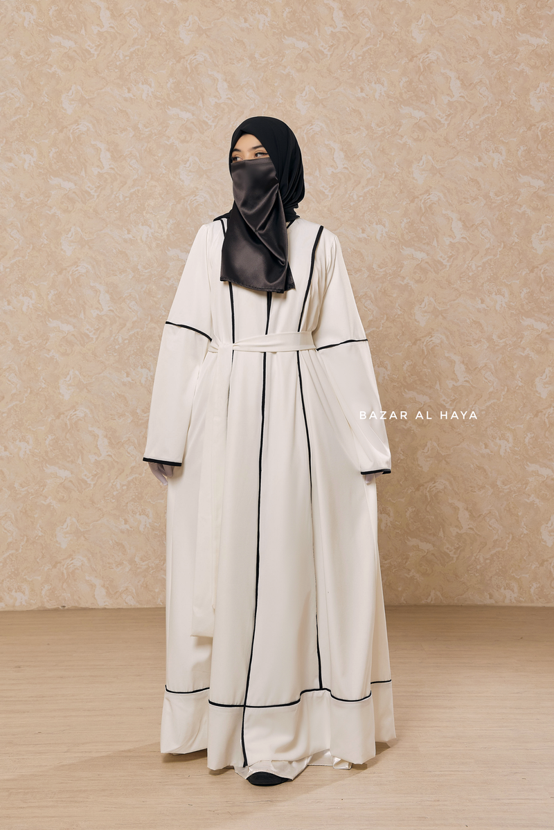 White Fazeela Open Front Abaya In Classic Design - Premium Silk Crepe