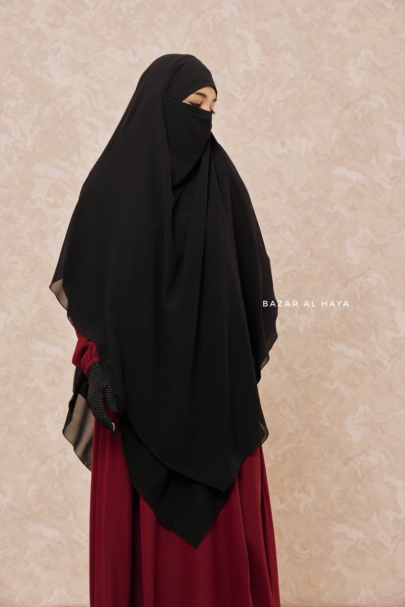 Black Pari Two Layered Maxi Diamond Khimar - Crepe Chiffon