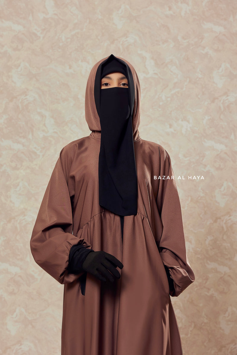 Kalina Brunette Hooded Abaya Dress With Pockets - Mediumweight Silk Crepe