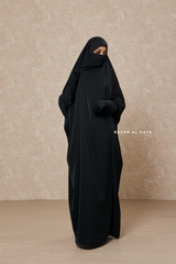 Sarah One Piece Black Jilbab - Zipper Sleeves - Silk Crepe