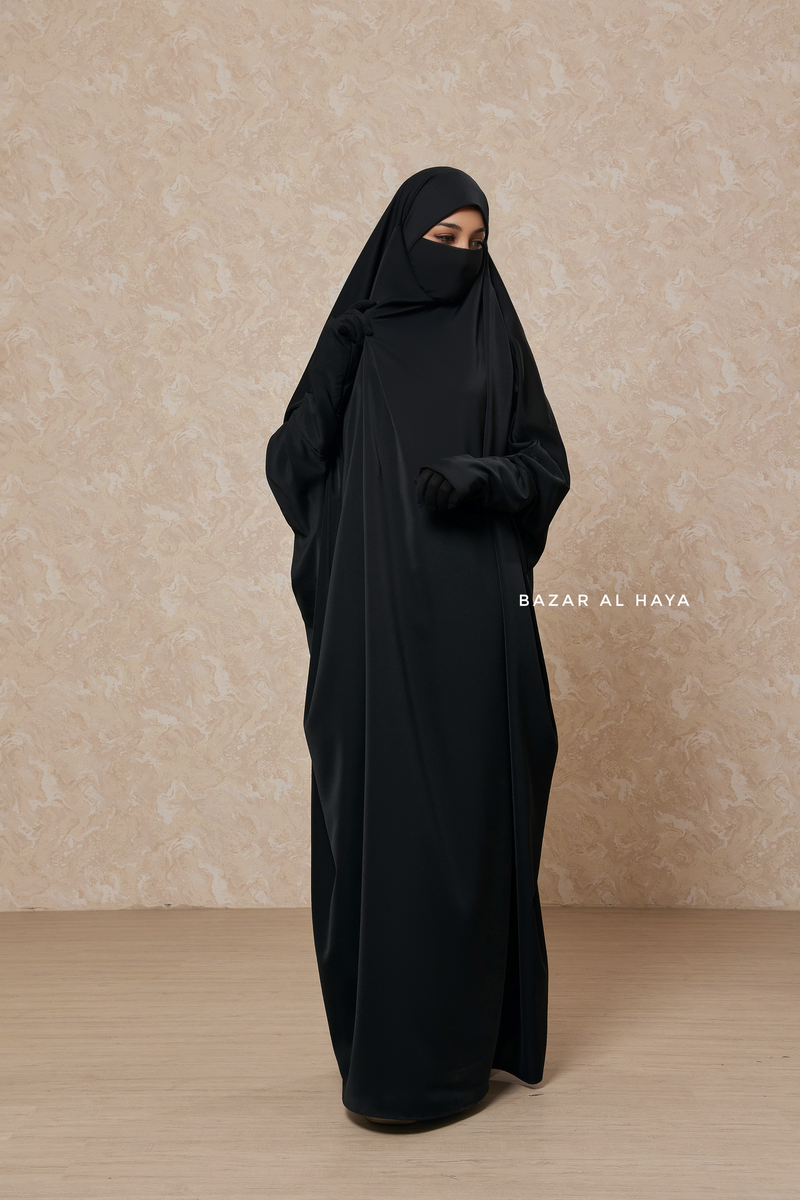 Sarah One Piece Black Jilbab - Zipper Sleeves - Silk Crepe