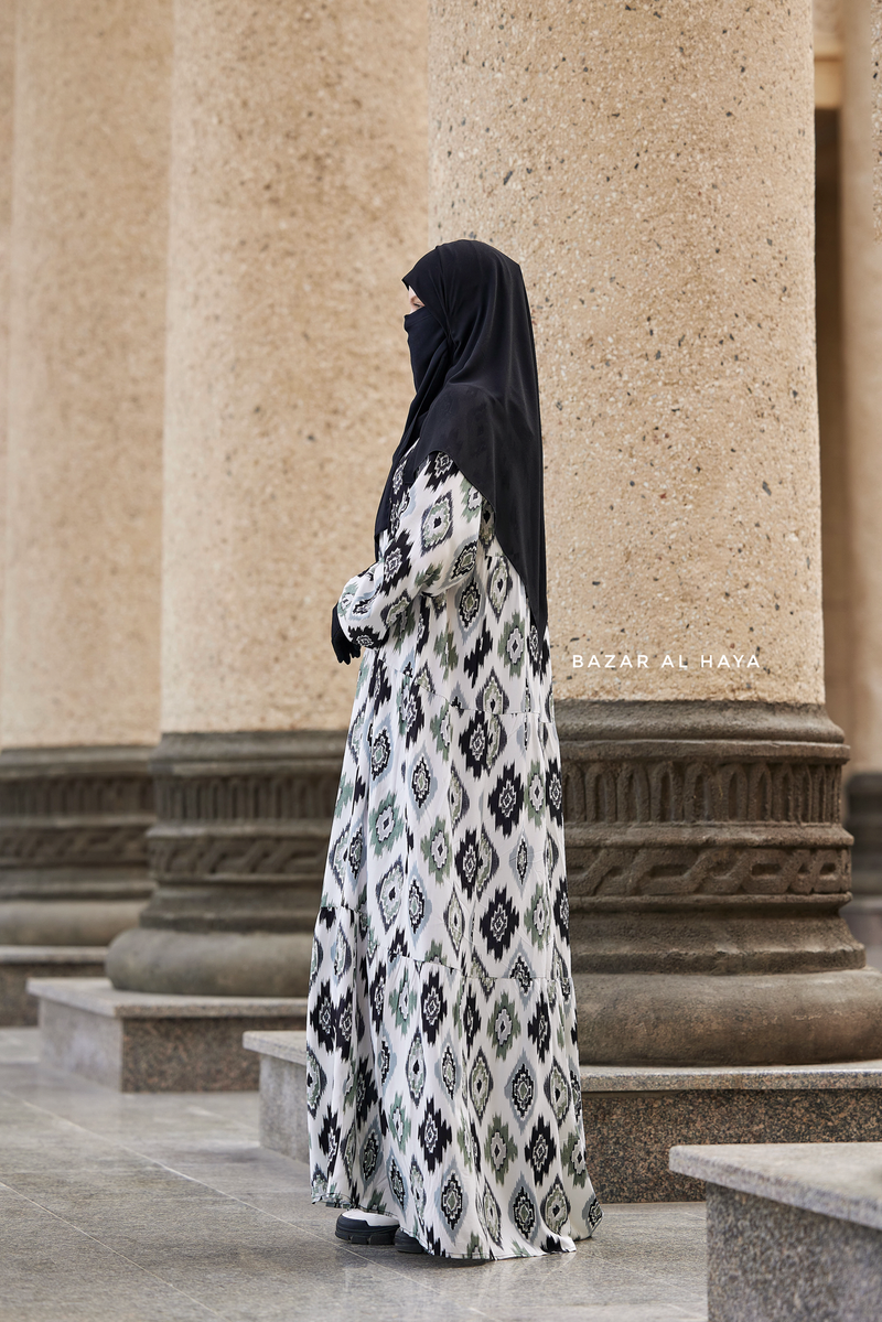 Sadia White/Green Print Dress - 100% Cotton Summer Tiered Abaya, Front Bazar Al Haya Sadia White/Green Print Dress - 100% Cotton Summer Tiered Abaya, Front Bazar Al Haya