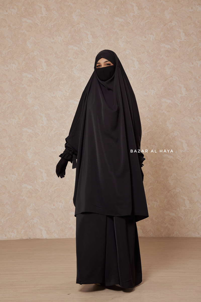 Black Jahida Two Piece Jilbab With Loose Pants Set - Skirt-Style Shalwar