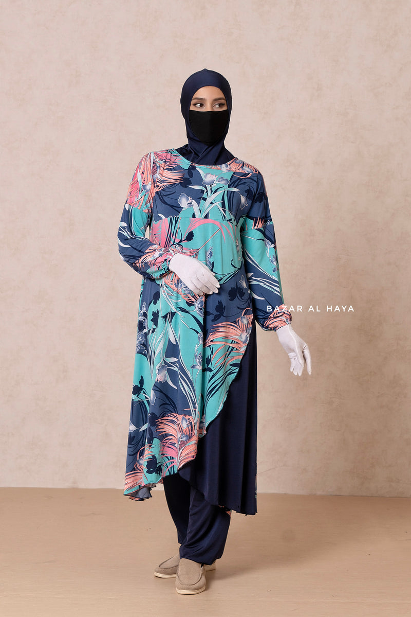 Floral Print Modest Swimwear Three Piece Set - Swimdress, Khimar, & Pants - The Comfort