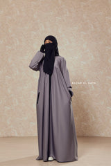 Kalina Steel Grey Hooded Abaya Dress With Pockets - Mediumweight Silk Crepe