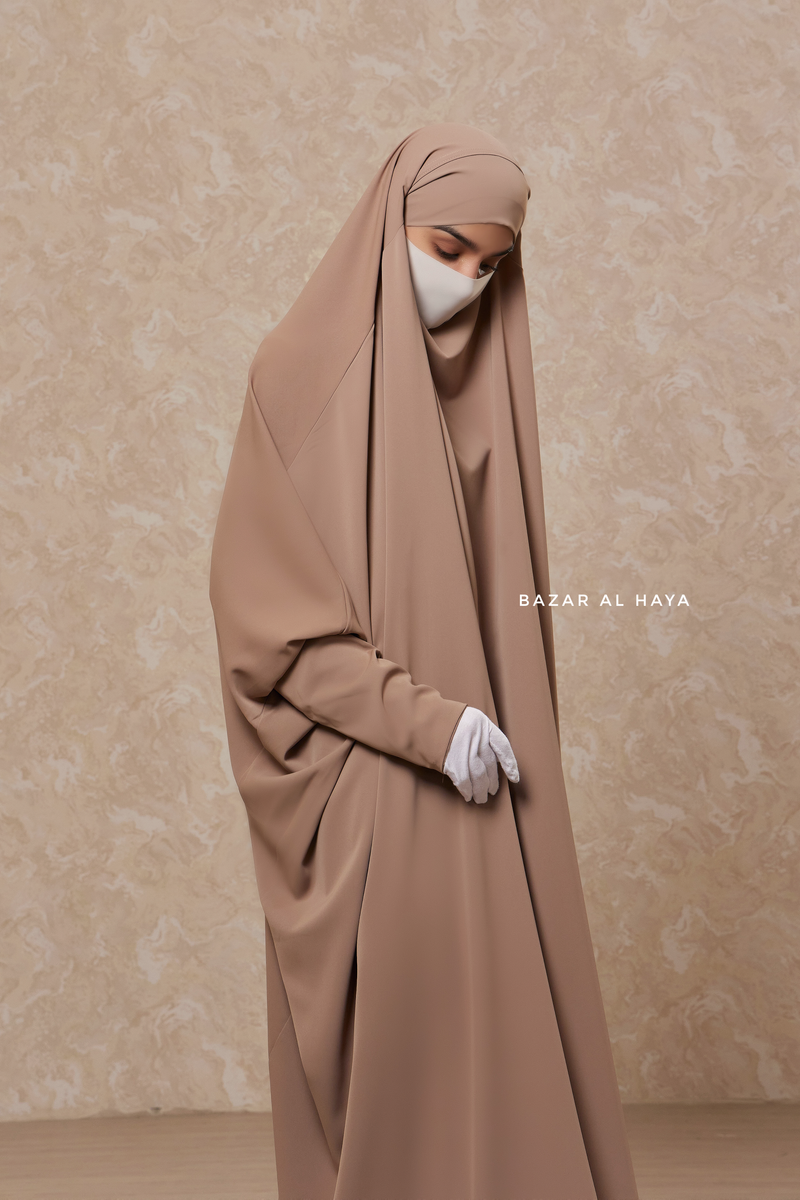 Mocha Sarah One Piece Jilbab - Zipper Sleeves - Silk Crepe