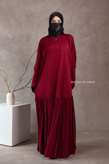 Badra Burgundy Butterfly Abaya With Chiffon Flair & Zipper Sleeves - Silk Crepe