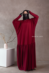 Badra Burgundy Butterfly Abaya With Chiffon Flair & Zipper Sleeves - Silk Crepe