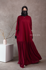 Badra Burgundy Butterfly Abaya With Chiffon Flair & Zipper Sleeves - Silk Crepe