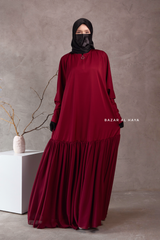 Badra Burgundy Butterfly Abaya With Chiffon Flair & Zipper Sleeves - Silk Crepe