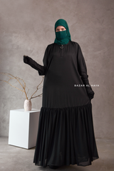 Badra Black Butterfly Abaya With Flair Bottom & Zipper Sleeves - Silk Crepe