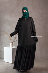 Badra Black Butterfly Abaya With Flair Bottom & Zipper Sleeves - Silk Crepe
