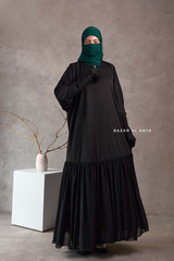 Badra Black Butterfly Abaya With Flair Bottom & Zipper Sleeves - Silk Crepe