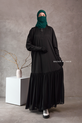 Badra Black Butterfly Abaya With Flair Bottom & Zipper Sleeves - Silk Crepe